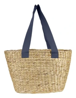Hyacinth Bags Jumbo Tote Basket With Navy Blue Handles In Brown